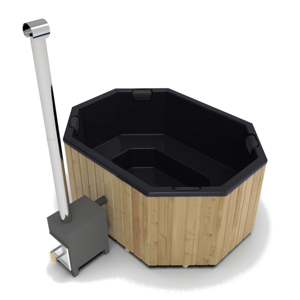 GFK Zuber, achteckig, 2,4m x 1,8m, Draufsicht, mit Holzofen, Schwarz