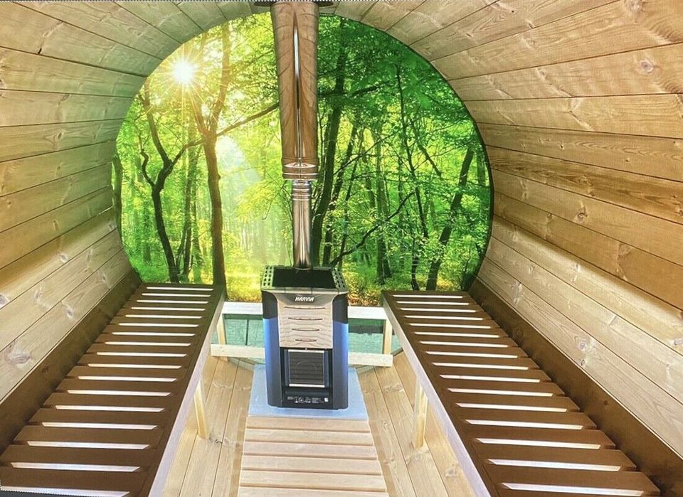 Fass Sauna 1,6m mit Vollpanorama