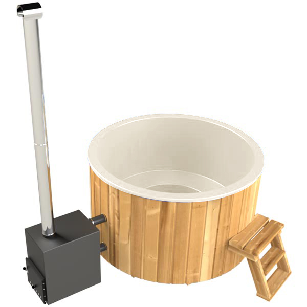 Badezuber GFK 1,8mØ, Außenofen, Treppe, Draufsicht, Beige