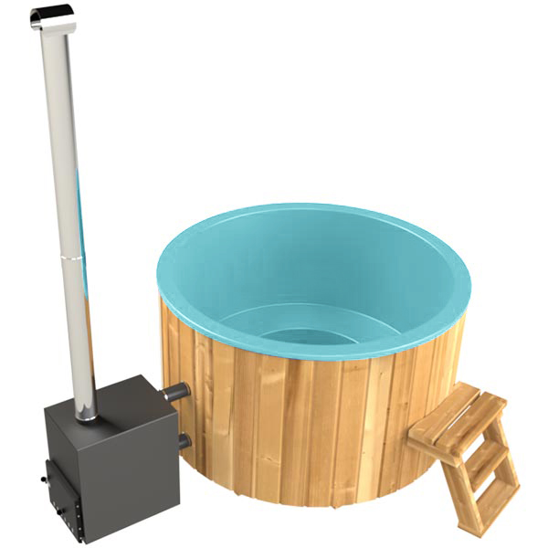 Badezuber GFK 1,8mØ, Außenofen, Treppe, Draufsicht, Türkis