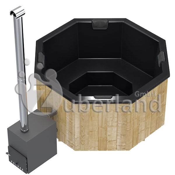 GFK-Zuber, achteckig, Draufsicht, mit Holzofen, Schwarz
