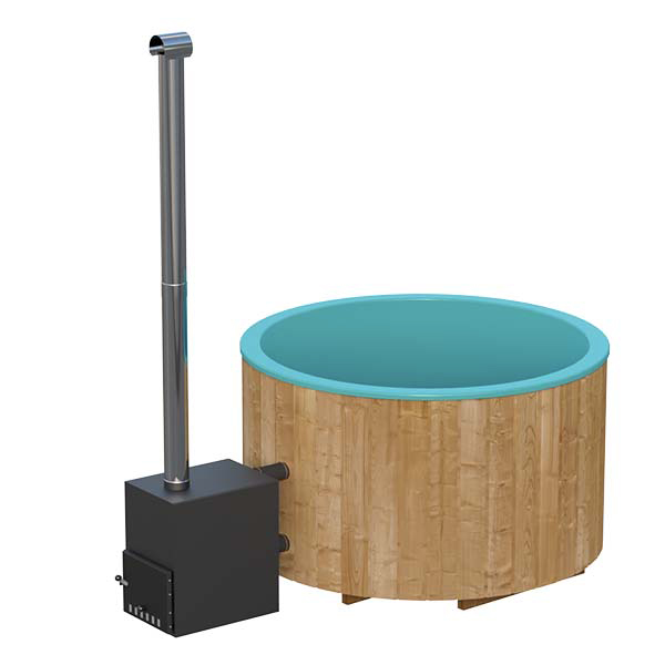 Badezuber GFK 1,8mØ, Außenofen, Seitenansicht, Türkis