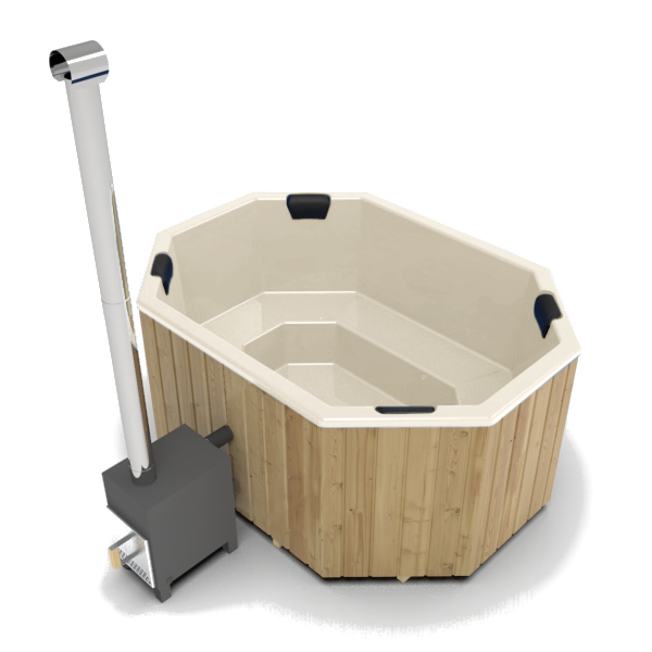 GFK Zuber, achteckig, 2,4m x 1,8m, Draufsicht, mit Holzofen, Beige