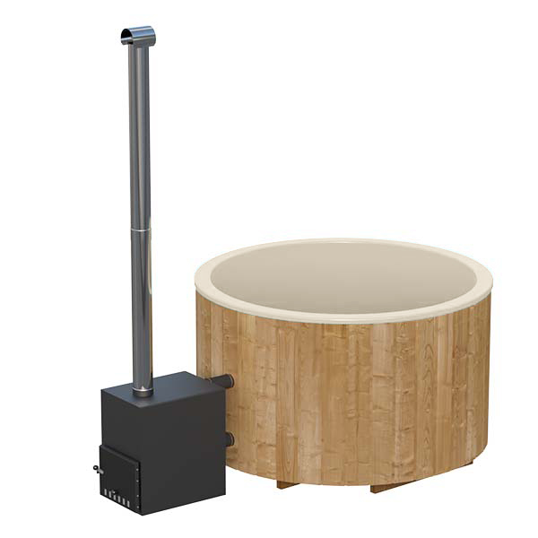 Badezuber GFK 1,8mØ, Außenofen, Seitenansicht, Beige