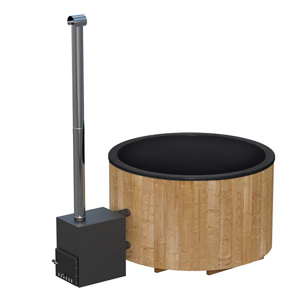 Badezuber GFK 1,8mØ, Außenofen, Seitenansicht, Schwarz