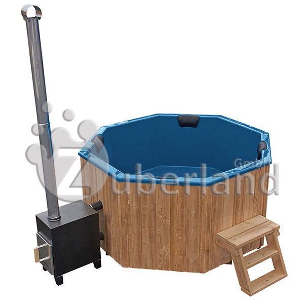 GFK-Zuber, achteckig, Seitenansicht, mit Holzofen, Blau
