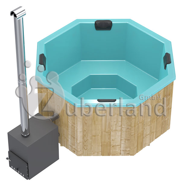 GFK-Zuber, achteckig, Draufsicht, mit Holzofen, Türkis