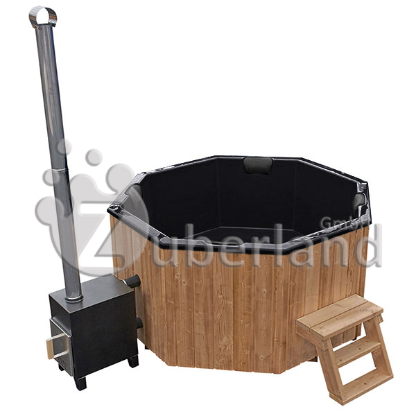 GFK-Zuber, achteckig, Seitenansicht, mit Holzofen, Schwarz