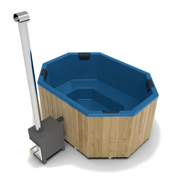 GFK Zuber, achteckig, 2,4m x 1,8m, Draufsicht, mit Holzofen, Blau