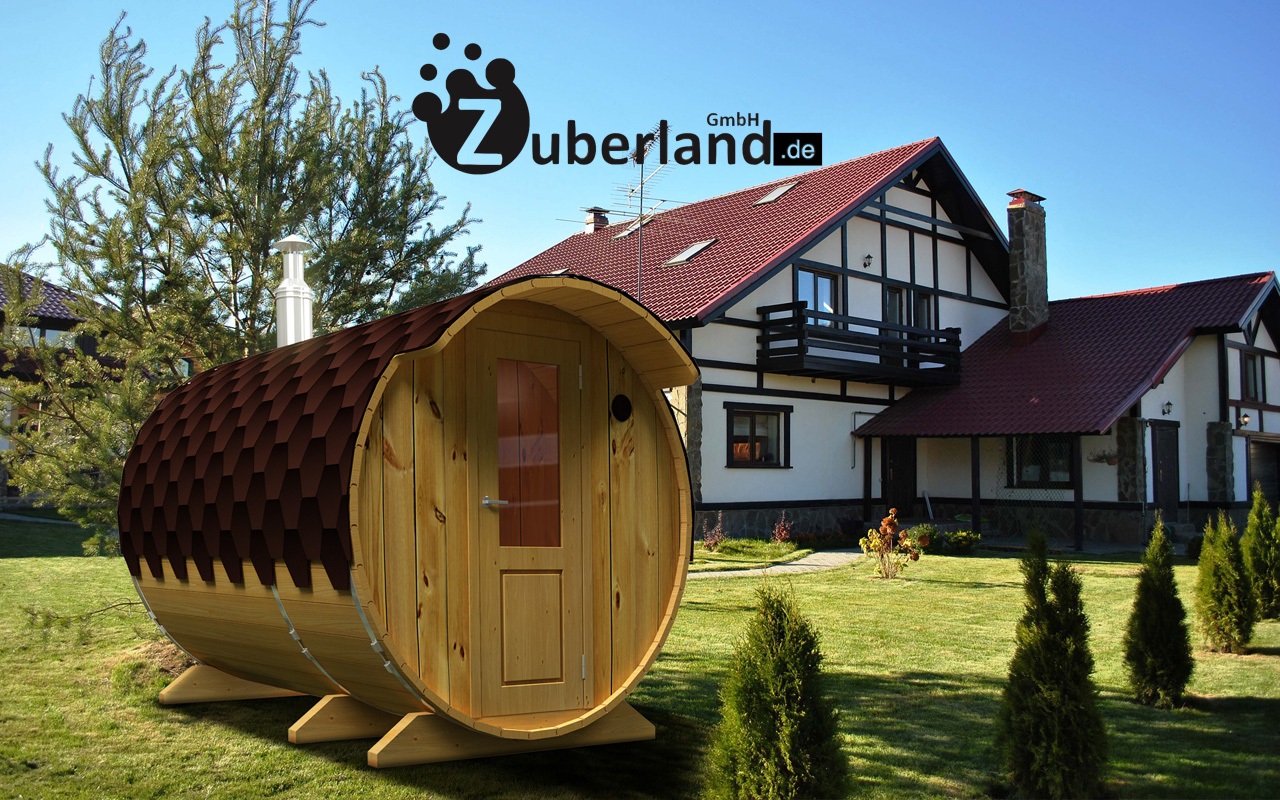 Sauna Fass 3m mit Vorraum und Vollpanorama