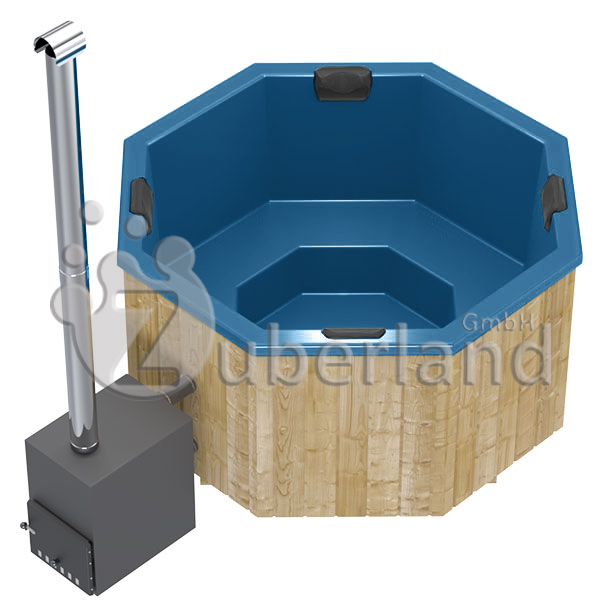 GFK-Zuber, achteckig, Draufsicht, mit Holzofen, Blau