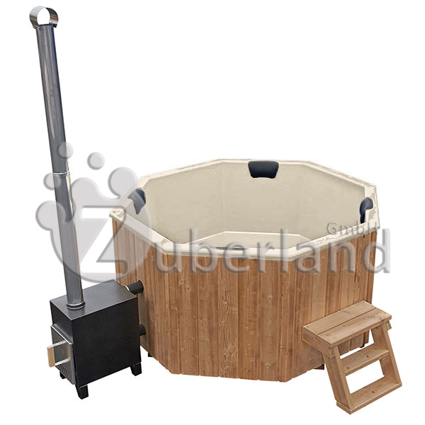 GFK-Zuber, achteckig, Seitenansicht, mit Holzofen, Beige