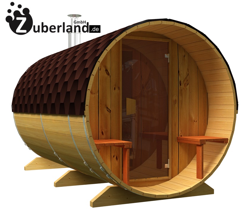 Sauna Fass 4m mit Vorraum + Terrasse und Vollpanorama