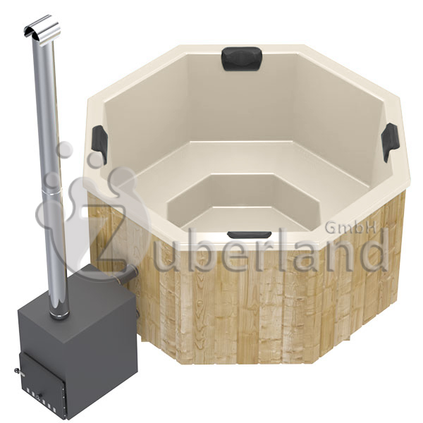 GFK-Zuber, achteckig, Draufsicht, mit Holzofen, Beige